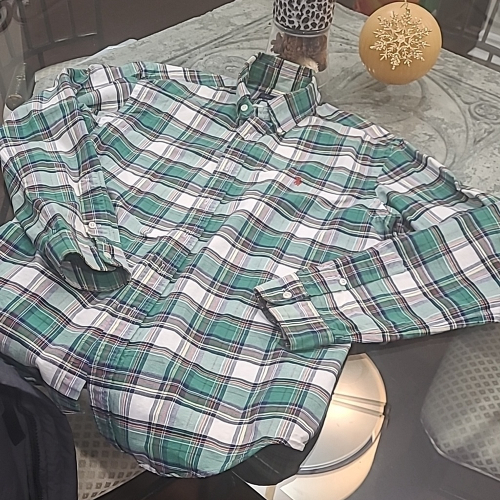 ralph Lauren Green Multi Color Checkered Collar Shirt New Large